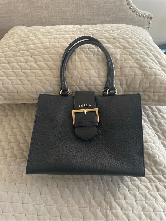 Furla Handbags - Furla Black Pebbled Leather Satchel with Gold Buckle